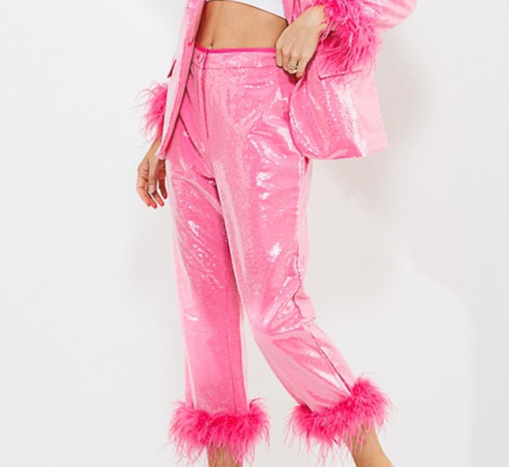 Sequins pants with feathers