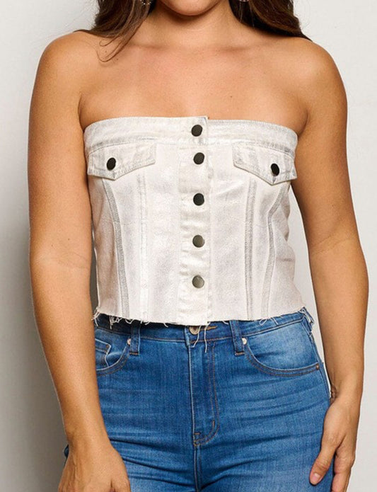 Top denim blanco con foil plata