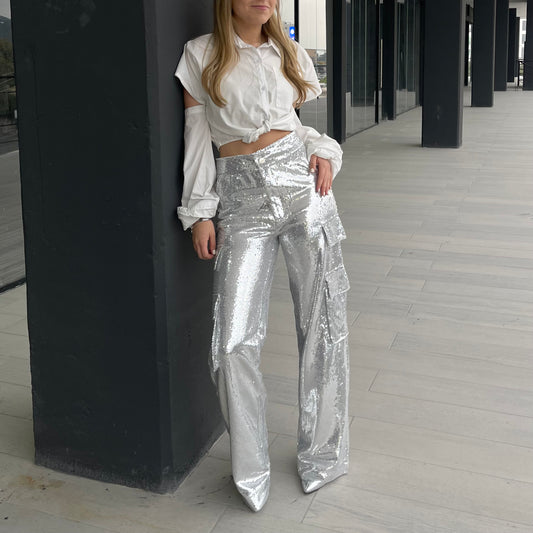 Silver sequin cargo pants