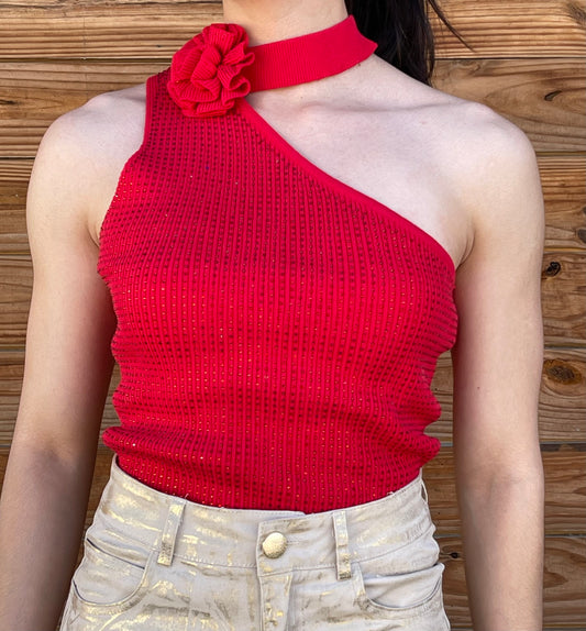 Red shoulder top with glitter and flower