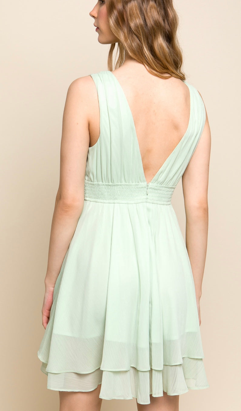 Plunging Neck Shirred Waist Sleeveless Dress