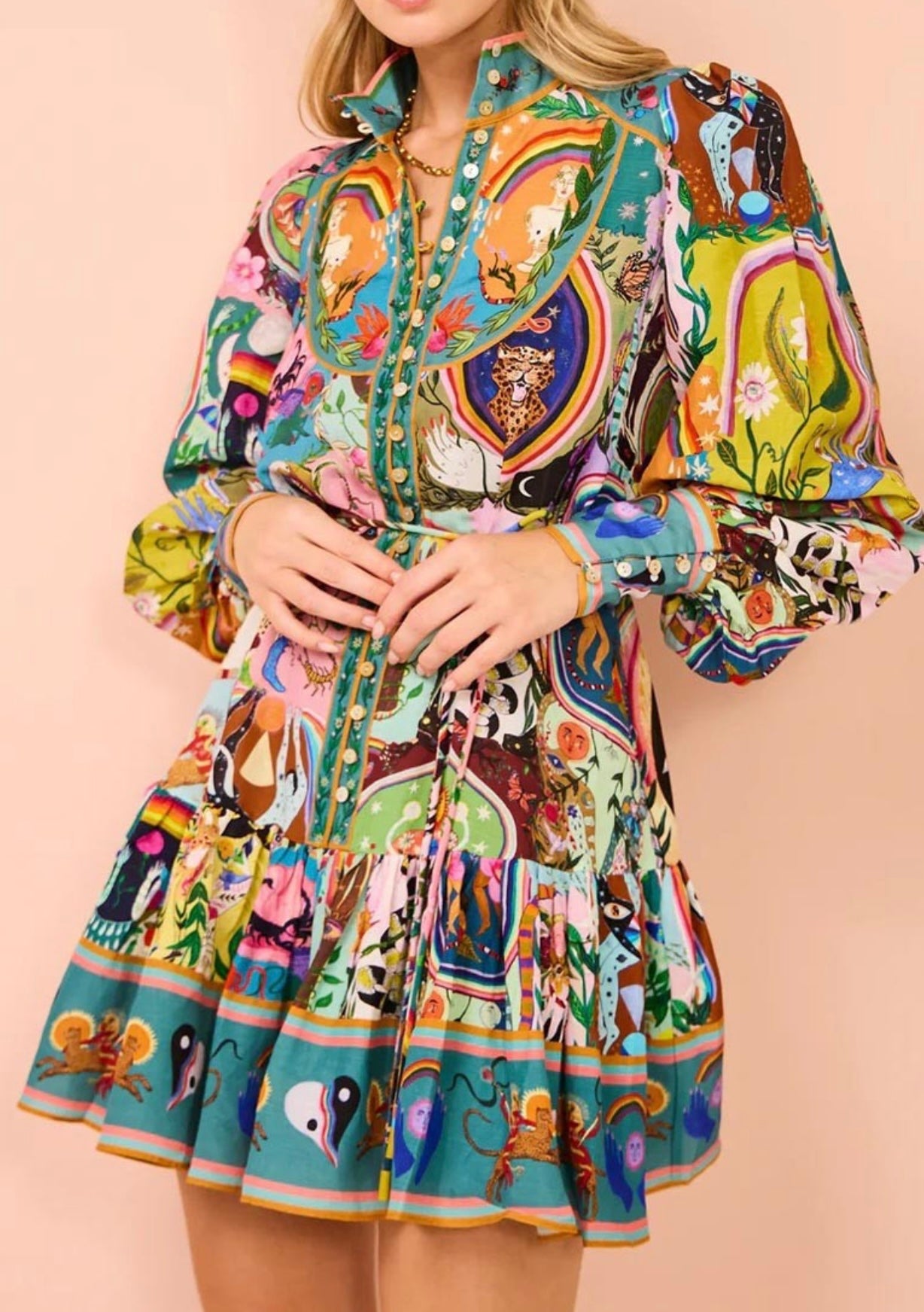 Safari print long sleeve ruffle shirt dress