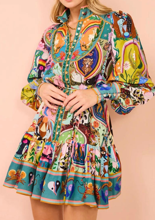 Safari print long sleeve ruffle shirt dress