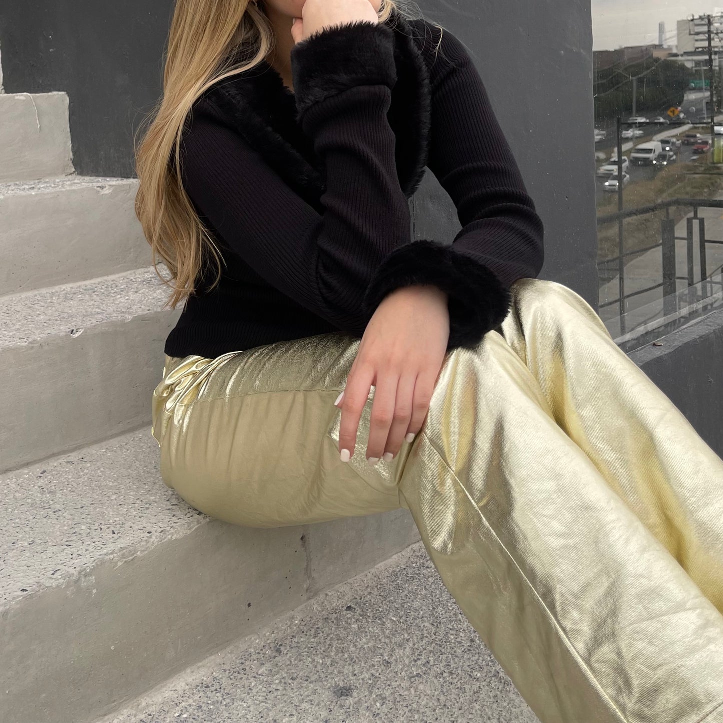 Metallic denim pants