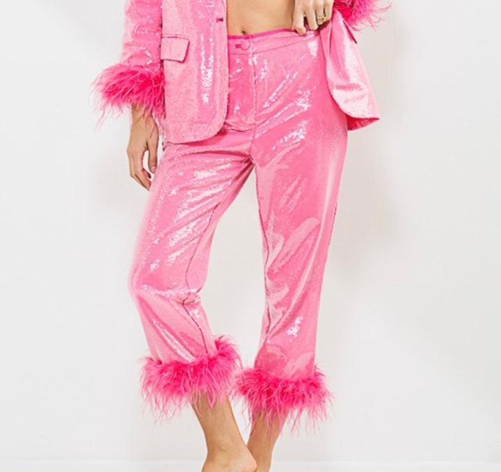 Sequins pants with feathers