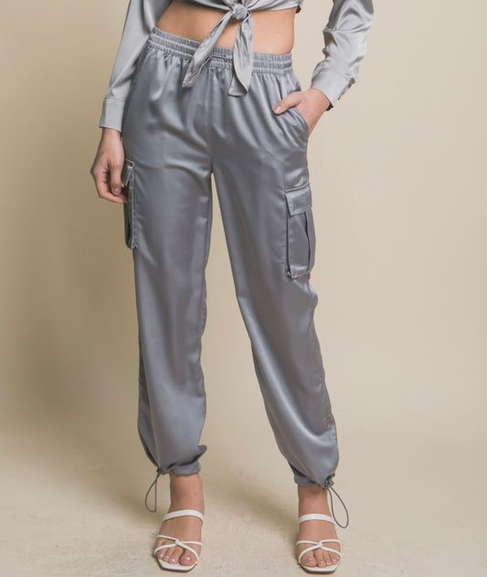 Satin Full-Length Pants with Elastic Waistband