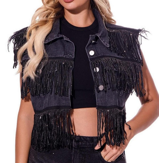 Sleeveless button up fringe denim vest